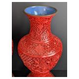 LR - Pair of Vintage 12-Inch Chinese Cinnabar Vases with Floral Carving and Wood Stands