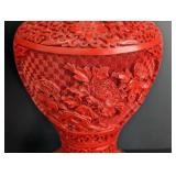 LR - Pair of Vintage 12-Inch Chinese Cinnabar Vases with Floral Carving and Wood Stands