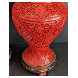 LR - Pair of Vintage 12-Inch Chinese Cinnabar Vases with Floral Carving and Wood Stands