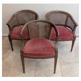 LR - Set of 3 Vintage Cane Barrel Back Armchairs with Rose Upholstery