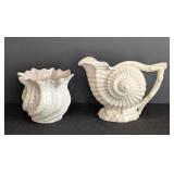 LR - Belleek Ireland Porcelain Shell Motif Pitcher and Vase Set