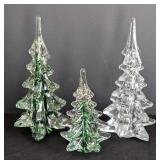 LR - Set of 3 Art Glass Christmas Trees, Green and Clear, 8 Inch Tallest