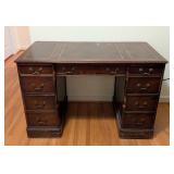 O - Antique Slight-Lowry Wooden Desk with Leather Inlay and 7 Drawers
