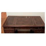O - Antique Slight-Lowry Wooden Desk with Leather Inlay and 7 Drawers