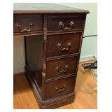 O - Antique Slight-Lowry Wooden Desk with Leather Inlay and 7 Drawers