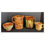 LR - Set of 4 Vintage American Pottery Pitchers and Bowl with Drip Glaze