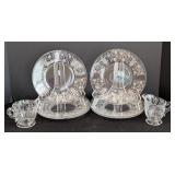 DR - Vintage Etched Fostoria Glassware Set with 8 Plates, Sugar Bowl, and Creamer