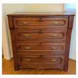 DR - Antique Wooden 4-Drawer Dresser with Ornate Brass Handles