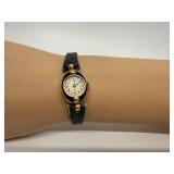 Vintage 14K Lady Elgin Wristwatch with Black Leather Band