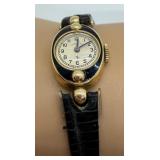 Vintage 14K Lady Elgin Wristwatch with Black Leather Band