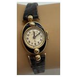 Vintage 14K Lady Elgin Wristwatch with Black Leather Band