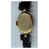Vintage 14K Lady Elgin Wristwatch with Black Leather Band