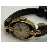 Vintage 14K Lady Elgin Wristwatch with Black Leather Band