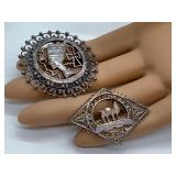 Set of 2 Vintage Metal Filigree Brooches with Egyptian and Llama Motifs