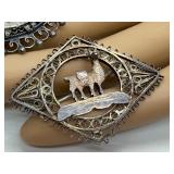 Set of 2 Vintage Metal Filigree Brooches with Egyptian and Llama Motifs