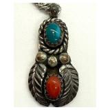 Lee Kety Sterling Silver Pendant with Turquoise and Coral Stones
