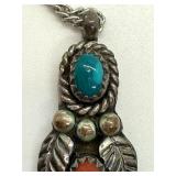 Lee Kety Sterling Silver Pendant with Turquoise and Coral Stones