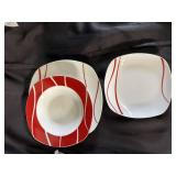 Red and White Dinnerware Set - 4 Dinner Plates, 4 Salad Plates, 5 Bowls