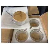 Set of 4 Glass Cups with Wooden Lids and Gold Flower Spoons