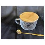 Set of 4 Glass Cups with Wooden Lids and Gold Flower Spoons