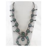 Vintage Navajo Sterling Silver and Turquoise Squash Blossom Necklace