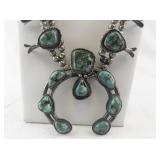Vintage Navajo Sterling Silver and Turquoise Squash Blossom Necklace