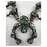 Vintage Navajo Sterling Silver and Turquoise Squash Blossom Necklace