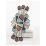 ***Roger and Lela Cellicion*** Sterling Zuni Inlay Ring with Turquoise, Coral, and Mother of Pearl Size 6.25