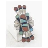 ***Roger and Lela Cellicion*** Sterling Zuni Inlay Ring with Turquoise, Coral, and Mother of Pearl Size 6.25