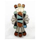 ***Roger and Lela Cellicion*** Sterling Zuni Inlay Ring with Turquoise, Coral, and Mother of Pearl Size 6.25
