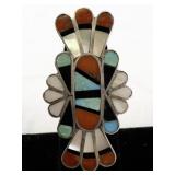 ***Roger and Lela Cellicion*** Sterling Zuni Inlay Ring with Turquoise, Coral, and Mother of Pearl Size 6.25