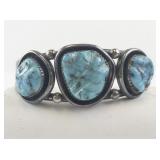Vintage Sterling Silver Cuff Bracelet with Three Turquoise Stones Signed.