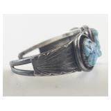 Vintage Sterling Silver Cuff Bracelet with Three Turquoise Stones Signed.