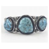 Vintage Sterling Silver Cuff Bracelet with Three Turquoise Stones Signed.