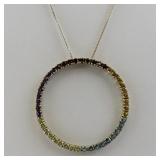 10k Yellow Gold Circle Pendant with Multicolor Gemstones on 16 Inch Chain