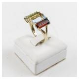 14K Yellow Gold Ring with 5 Emerald Cut Gemstones. Size 7