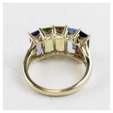 14K Yellow Gold Ring with 5 Emerald Cut Gemstones. Size 7