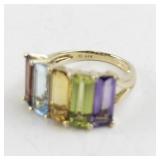 14K Yellow Gold Ring with 5 Emerald Cut Gemstones. Size 7