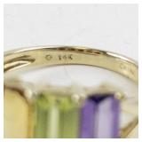 14K Yellow Gold Ring with 5 Emerald Cut Gemstones. Size 7