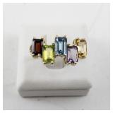 10k Yellow Gold Multi-Gemstone Geometric Ring, Emerald Cut, 5 Stones. Size 8.