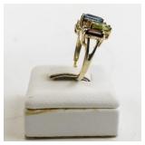 10k Yellow Gold Multi-Gemstone Geometric Ring, Emerald Cut, 5 Stones. Size 8.