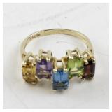10k Yellow Gold Multi-Gemstone Geometric Ring, Emerald Cut, 5 Stones. Size 8.
