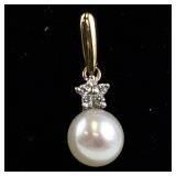 10K Gold Diamond and Pearl Pendant