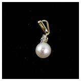 10K Gold Diamond and Pearl Pendant