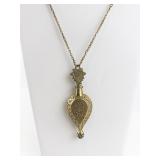 Ornate Brass Perfume Flask Pendant Necklace with Chain