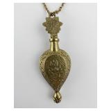 Ornate Brass Perfume Flask Pendant Necklace with Chain