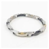Stainless Steel Greek Key Link Bracelet with Two-Tone Accents