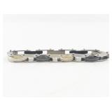 Stainless Steel Greek Key Link Bracelet with Two-Tone Accents