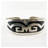 Sterling Silver 925 Cuff Bracelet with Malachite and Onyx Inlay