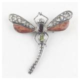 Sterling Silver Dragonfly Brooch with Garnet and Peridot Stones